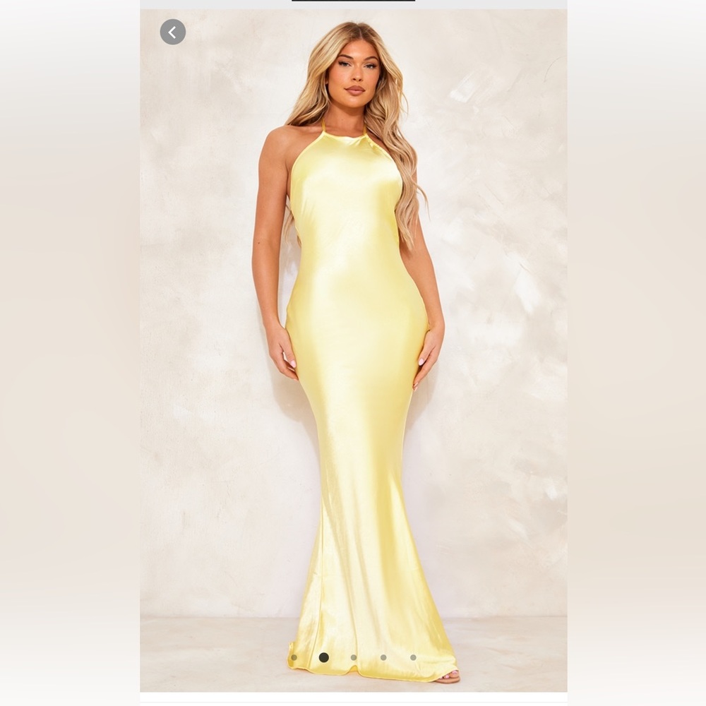 Pretty Little Thing - Lemon Satin Halterneck Backless Button Maxi Dress (Size 2)